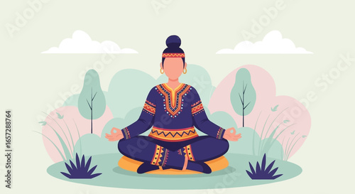 Serene person meditating outdoors in colorful attire, embodying mindfulness, tranquility, and holistic well-being in a natural setting.