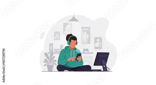 A person enjoys music or content on their smartphone with headphones while relaxing at home, representing modern digital lifestyle, leisure, and connectivity.