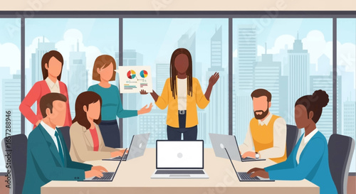 Diverse business professionals collaborate in a modern office meeting, discussing data and strategy for success. Teamwork and corporate innovation.
