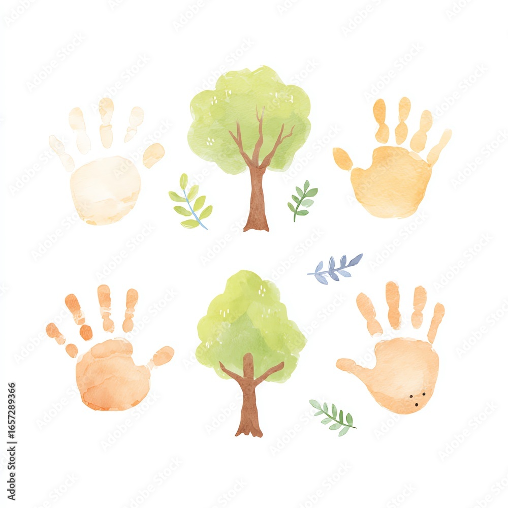 Fototapeta premium Watercolor Handprints and Trees A Delightful Nature-Inspired Design