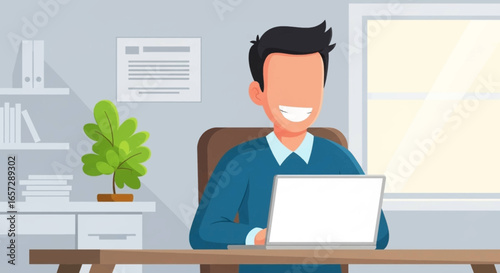 Smiling person works happily at a desk with a laptop in a bright office, symbolizing productivity, remote work, and online education.