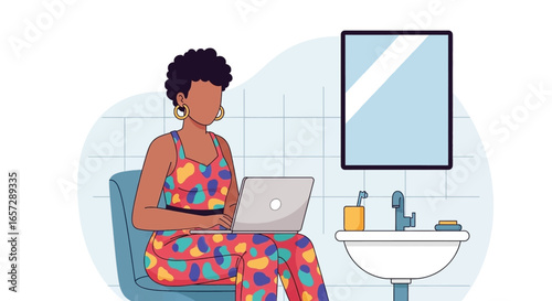 Woman working on laptop from a bathroom, symbolizing remote work flexibility, modern productivity, and work-life balance.