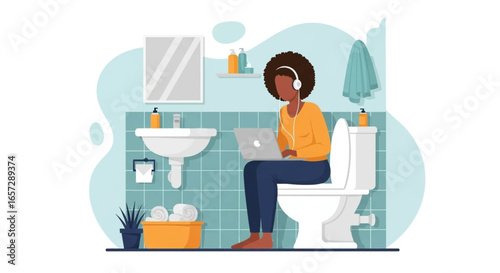 Woman in headphones working on laptop while sitting on a toilet. Concept of remote work, multitasking, and finding quiet space at home.