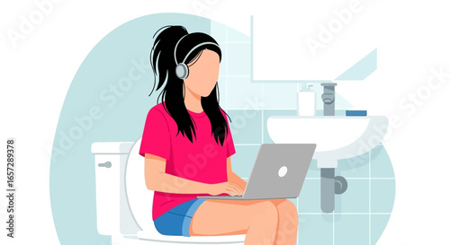 Young woman with headphones working on a laptop while seated in a bathroom, symbolizing remote work, work-life integration, or a casual home office.