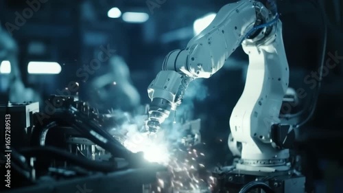 Advanced robotic arm performing welding in modern manufacturing facility with sparks flying, showcasing automation in industry 4k video footage
