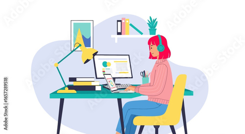 Woman focused on remote work at her home office desk, using laptop and desktop. Ideal for concepts of productivity, online learning, and flexible business.