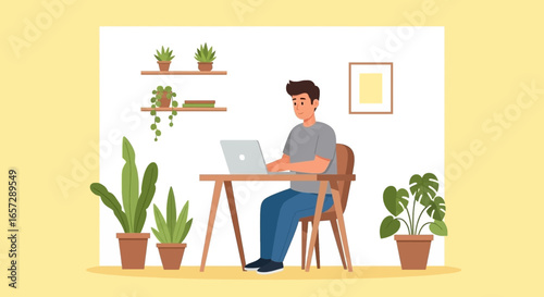 A young man works productively on his laptop in a bright, modern home office, surrounded by plants. Ideal for concepts of remote work, online learning, and digital lifestyle.