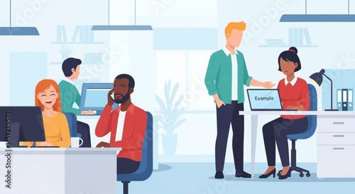 Diverse team collaborating and working diligently in a modern, vibrant office environment. Ideal for business, productivity, and professional teamwork concepts.