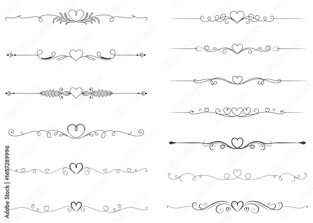 Obraz premium Elegant Dividers with Hearts and Swirls for Romantic Invitations and Valentine's Day Designs a Collection of Decorative Elements