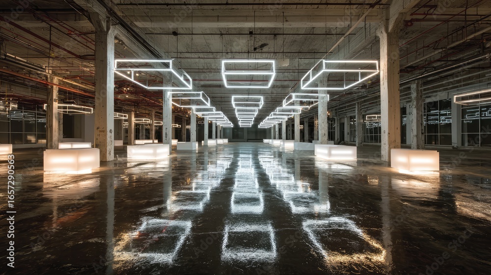 Obraz premium Industrial space with glowing light boxes
