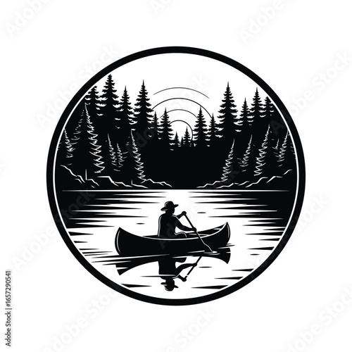 Paddler's Silhouette on Calm Waters, Framed by Towering Pines and Distant Peaks, an Emblem of Peaceful Wilderness Exploration and Nature's Serenity