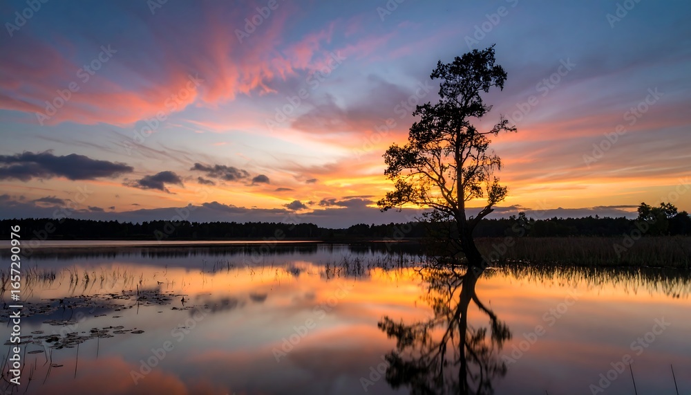 A serene sunset over a tranquil lake, showcasing a lone tree reflected perfectly in the still water, bathed in warm hues of orange and pink. A serene sunset over a tranquil lake, showcasing a lone tree reflected perfectly in the still water, bathed in warm hues of orange and pink.
