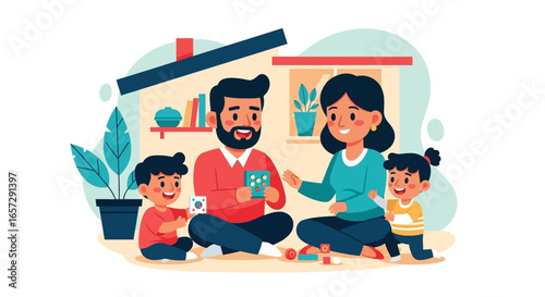 A happy family enjoys quality time playing educational games at home. This heartwarming scene represents family bonding, childhood development, and domestic lifestyle.