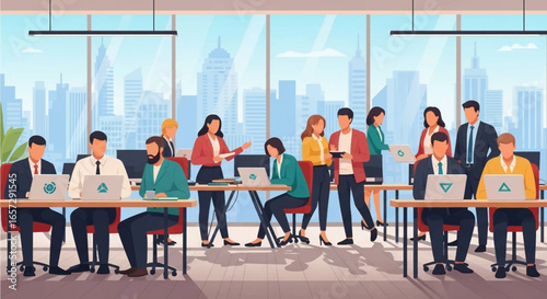 Diverse business professionals collaborate and work efficiently in a modern, open-plan office space with a city skyline view, symbolizing teamwork and success.