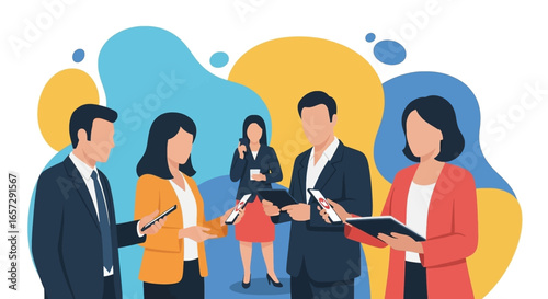 Diverse business professionals interact and collaborate using smartphones and tablets, representing modern communication and teamwork in the digital age.