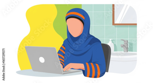 Muslim woman in hijab working remotely on laptop. Embracing modern digital lifestyle, online learning, and professional productivity.