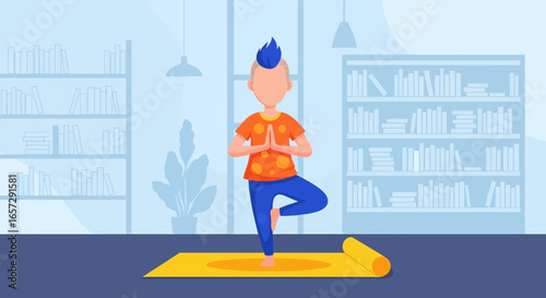 Person practicing yoga tree pose on a mat in a calm, contemporary home or library setting, symbolizing balance and mindfulness.