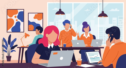 Busy team working collaboratively in a vibrant modern office. Professionals using laptops and phones, illustrating productivity and communication in a business setting.