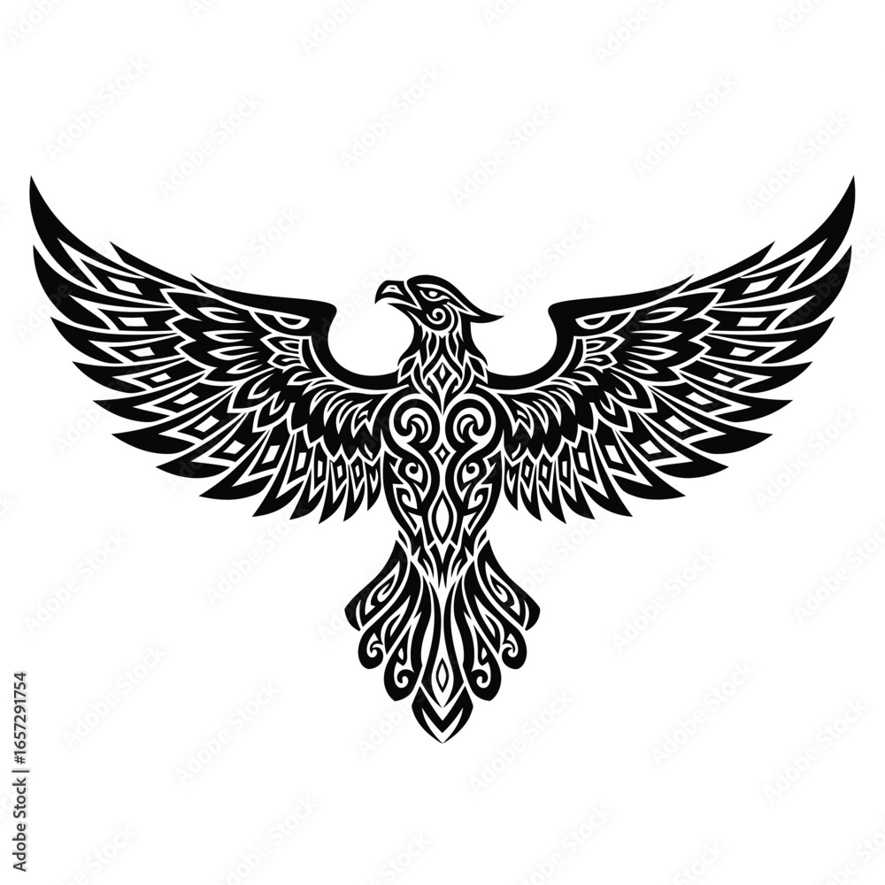 Fototapeta premium Stylized black and white tribal eagle illustration with intricate patterns, majestic wings spread wide, a powerful graphic design element for emblems and logos.