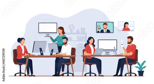 Diverse team collaborates in a modern office, blending in-person work with remote video calls, reflecting contemporary hybrid work models and productivity.