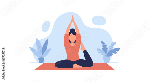 Woman practicing yoga on a mat, focusing on balance and wellness. Represents a healthy, mindful lifestyle and personal well-being.