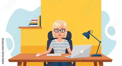 A cheerful young woman in glasses works happily at her laptop in a bright home office. Ideal for themes of productivity, remote work, online learning, and business.