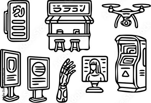 Cyberpunk Futuristic Elements Vector Set – Neon Signs, Drone, Robotic Arm, Street Food Stall, Hologram Displays, Arcade Machine