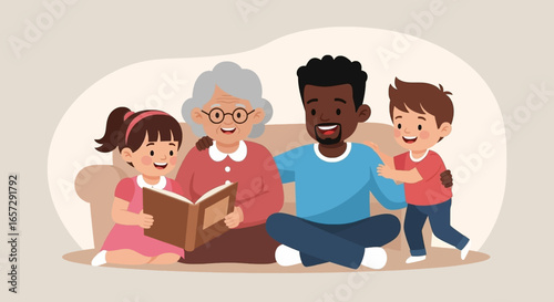 Happy multi-generational family enjoys a story time moment on the sofa, sharing love, warmth, and knowledge. Ideal for family and lifestyle themes.