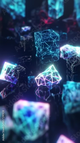Abstract Geometric Cubes, Neon Light, Digital Art