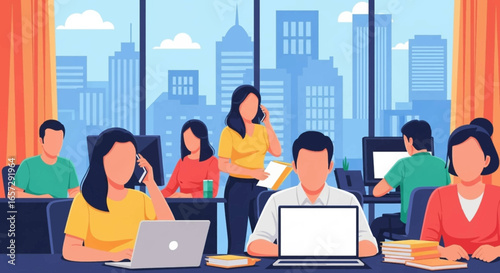 Busy office environment with diverse professionals working collaboratively on computers and phones, overlooking a modern city skyline. Ideal for business, technology, and productivity themes.