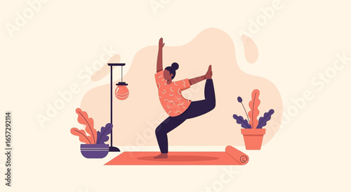 Illustrated woman practicing yoga at home, striking a balanced pose on a mat. Concepts of wellness, fitness, tranquility, and healthy lifestyle.