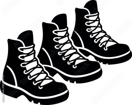Three black and white boots lined up with white laces, footwear, style