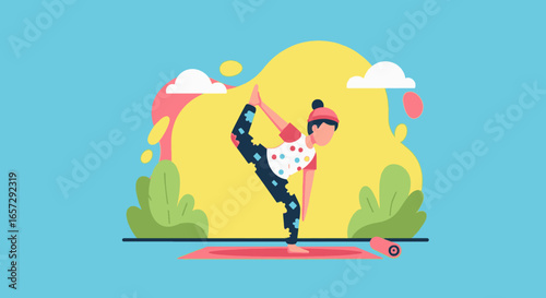Woman practicing yoga, balancing in a graceful stretching pose outdoors. Ideal for wellness, fitness, and healthy lifestyle concepts.