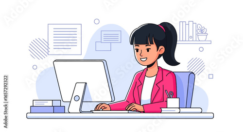 Happy young professional woman working diligently at her computer in a modern office, symbolizing productivity, remote work, and digital lifestyle.
