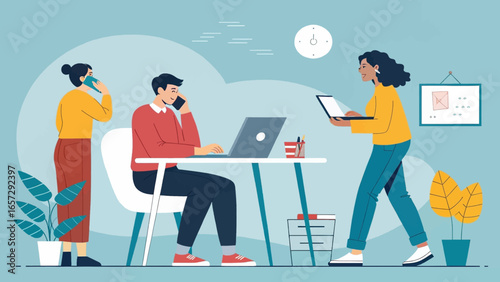 Dynamic office environment with diverse professionals collaborating and communicating. Ideal for concepts of teamwork, productivity, remote work, and modern business solutions.