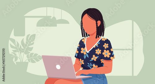 A relaxed woman works remotely on her laptop in a bright, modern home. Ideal for concepts of productivity, online education, or flexible work-life balance.