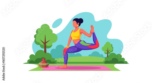 Woman practicing yoga King Dancer pose outdoors on a mat, promoting balance, wellness, and an active lifestyle in nature. Ideal for health and fitness concepts.