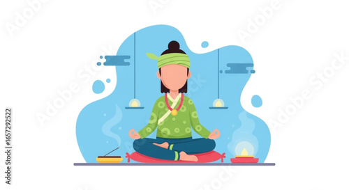 Illustration of a person meditating in lotus pose, surrounded by calming elements like incense and light, representing peace and spiritual practice.