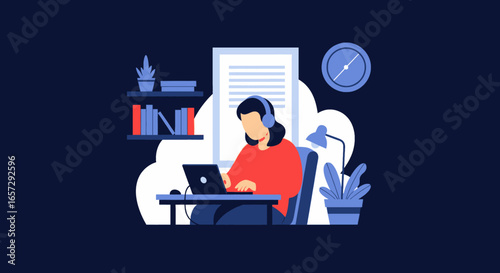 A focused person works remotely on a laptop with headphones in a cozy home office, ideal for showcasing telecommuting, online education, or freelance careers.