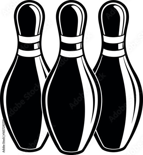 Three bowling pins in a minimalistic black and white design illustration