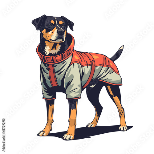 Dog wearing a winter coat standing confidently on a transparent background  