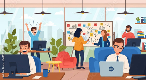 Vibrant office scene with diverse professionals collaborating and celebrating success. Illustrates teamwork, productivity, and business growth in a modern workplace setting.