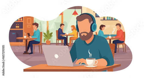 Man in headphones works on laptop at a modern cafe, enjoying coffee. Perfect for remote work, study, freelance, or digital nomad concepts.
