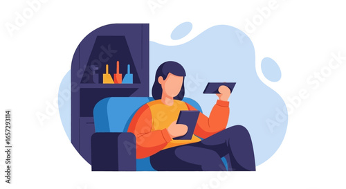 Person relaxing at home, comfortably seated, engaged with a smartphone and tablet. Ideal for themes of digital leisure, remote work, or online learning.