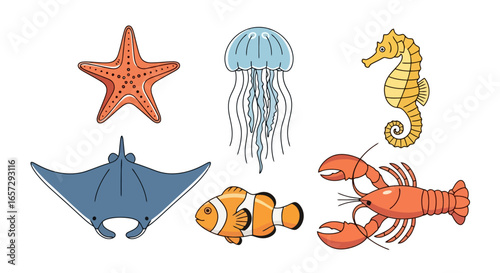 Colorful Sea Creatures Illustration Set for Educational Materials and Marine Life Awareness Campaigns, perfect for children's books and environmental conservation initiatives.