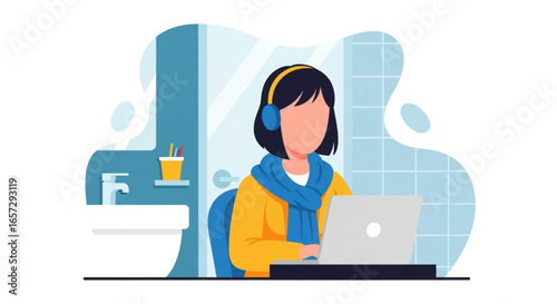 Person in headphones working remotely on a laptop from a home environment, showcasing modern flexible work and online communication.