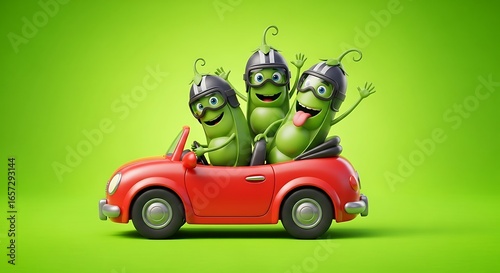 Three cheerful cartoon cucumber characters ride in a red convertible car, enjoying a fun road trip together