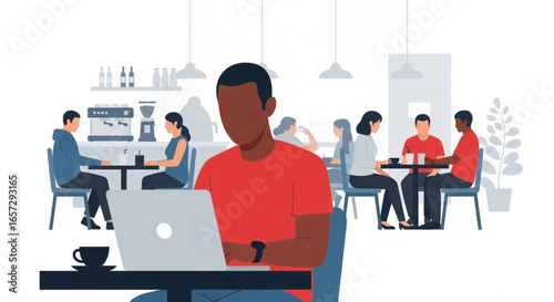 A diverse group of people work and socialize in a modern cafe, illustrating flexible remote work and urban lifestyle trends.