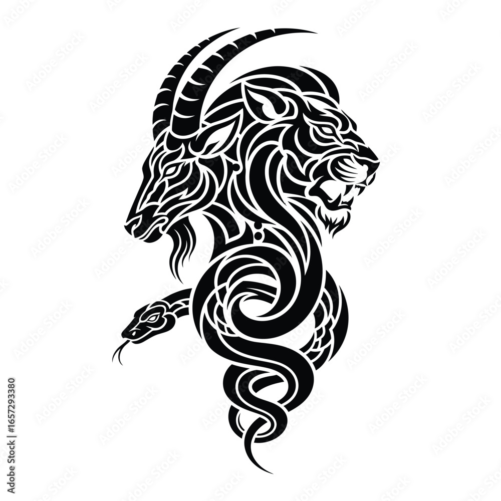 Fototapeta premium Mythical Chimera Illustration Goat, Lion, and Snake Tattoo Design