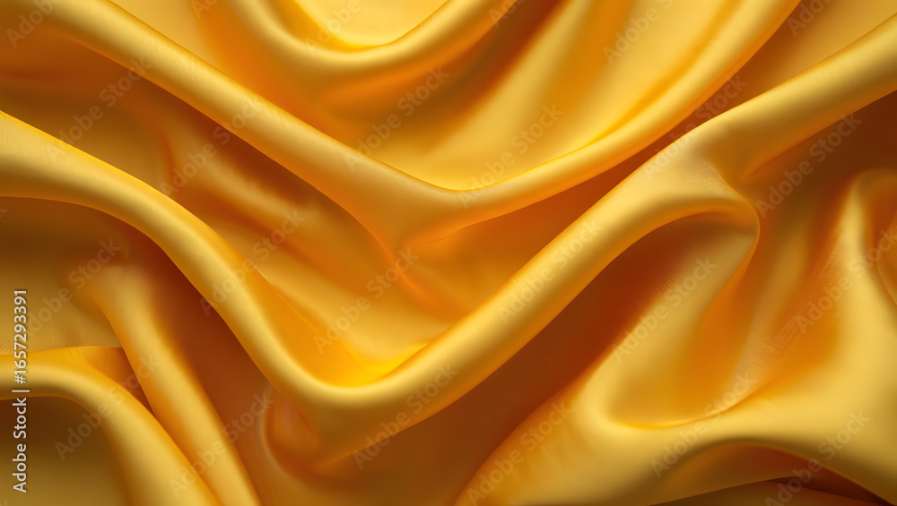 Obraz premium Golden Silk Embrace: A close-up captures the luxurious folds of a radiant yellow silk fabric, its smooth surface hinting at the soft, flowing material and a feeling of elegance. 